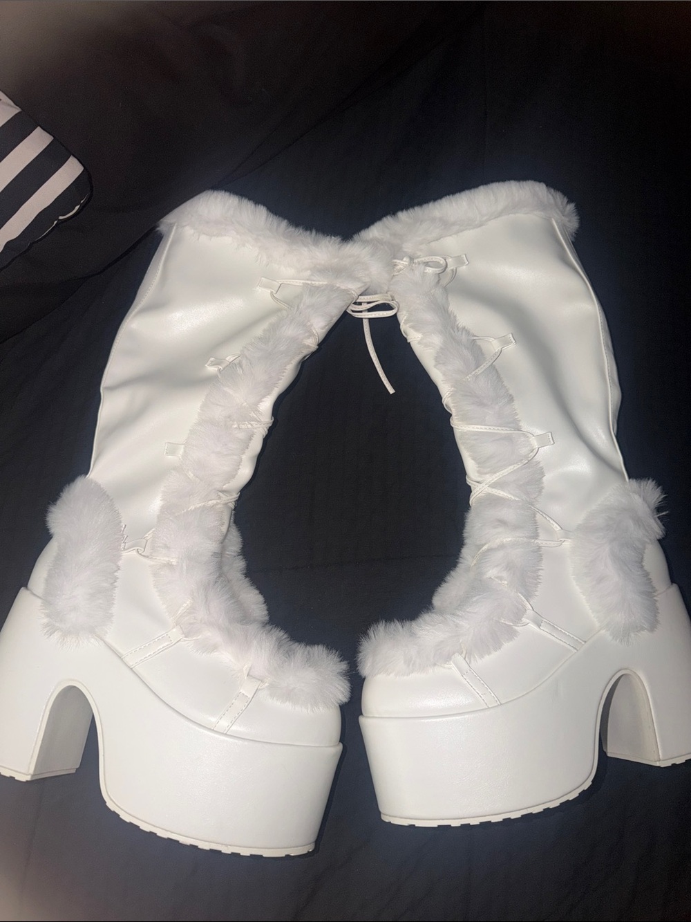 White Faux-Fur Platform Knee Boots - Women
